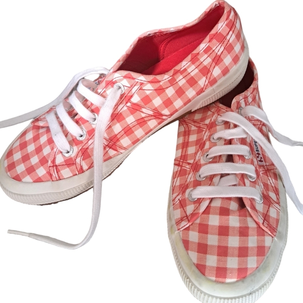 SUPERGA checkered sneakers shoes reddish orange lace up cottage core ladies 7.5